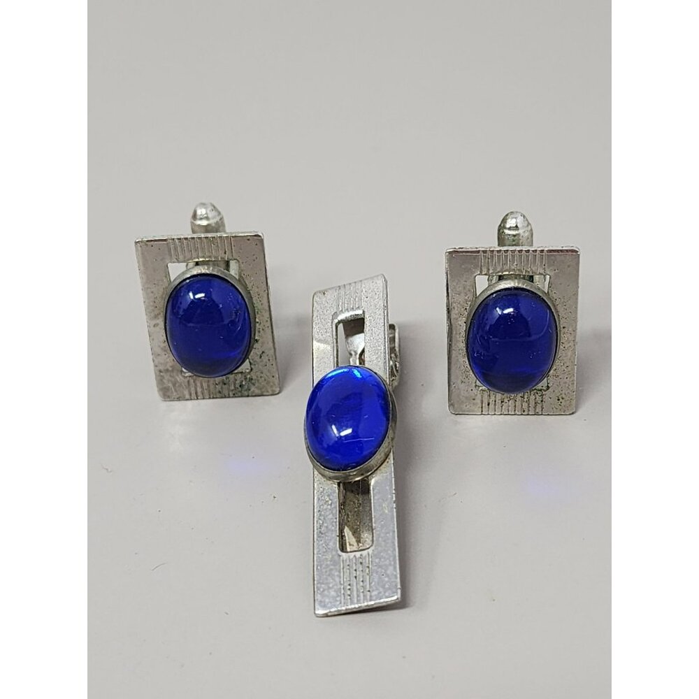 Vintage Tie Clip & Cufflinks Signed ANSON Cobalt Blue Lucite‎ & Silver